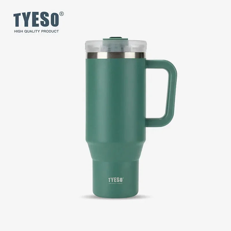 Gobelet isotherme Tyeso 900/1200 ml en acier inoxydable avec anse et paille, idéal pour les voyages, les boissons chaudes et glacées.