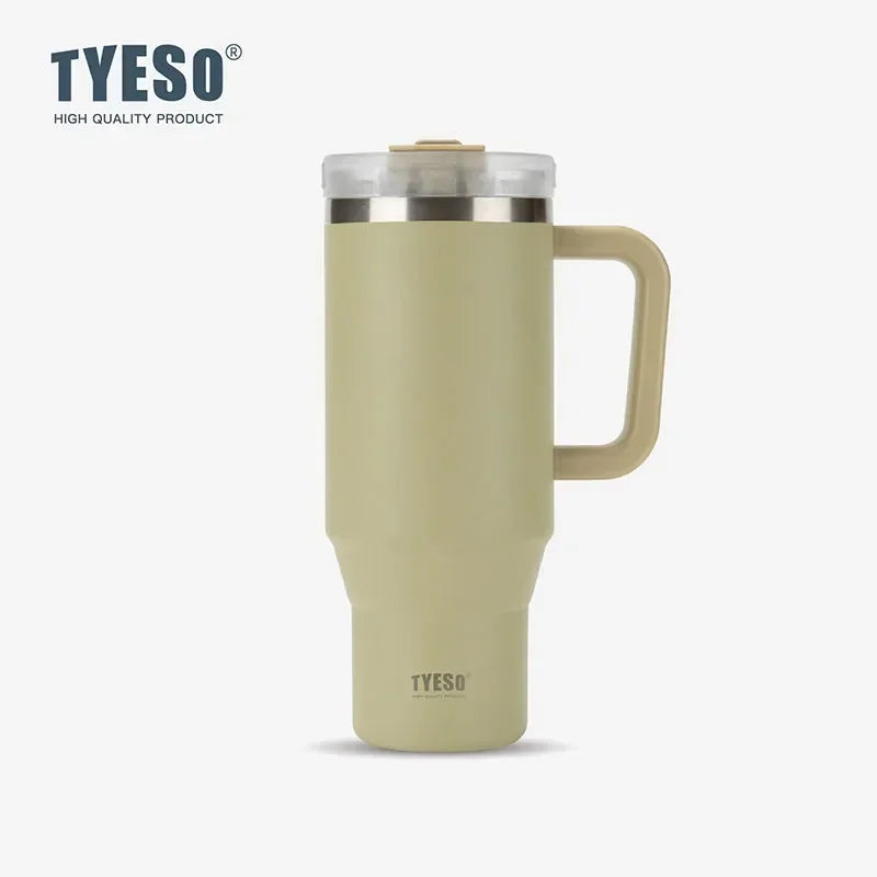 Gobelet isotherme Tyeso 900/1200 ml en acier inoxydable avec anse et paille, idéal pour les voyages, les boissons chaudes et glacées.