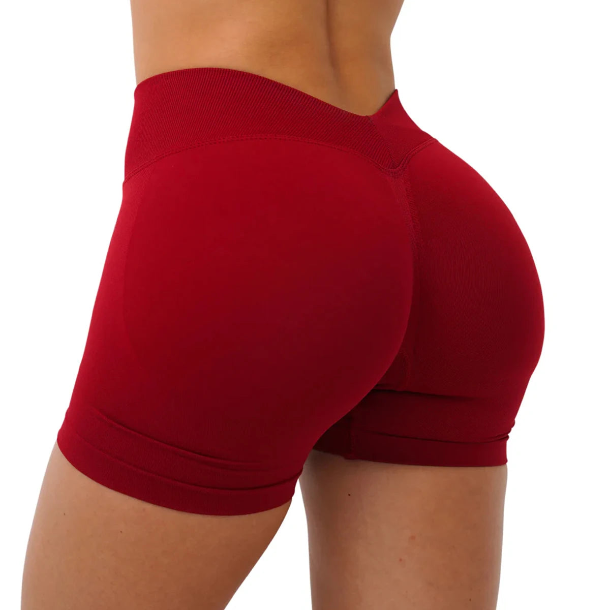 Short de sport femme à dos en V, taille mi-haute, sans coutures, idéal pour le yoga, la gym et le fitness. Extensible dans les 4 sens.